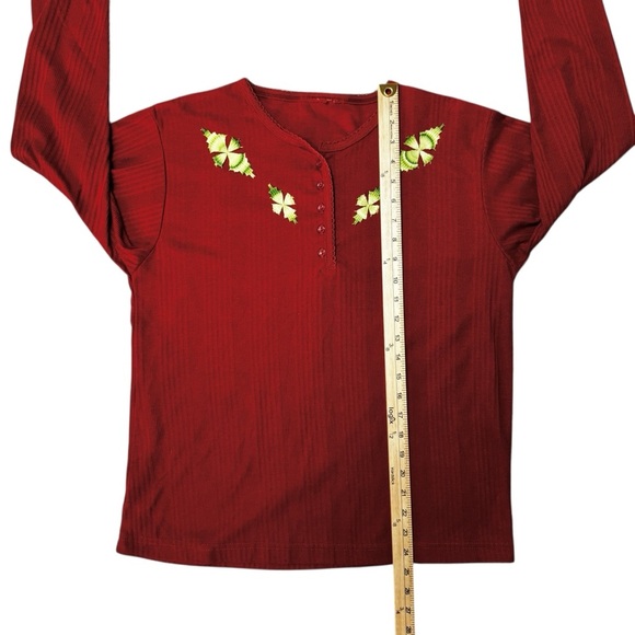 CHIC Burnt Orange Rust Long Sleeve Green Floral Geometric Embroidered Top No Tag - Picture 8 of 11